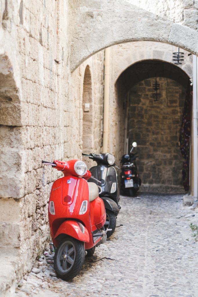 Scooters in the Medieval City of Rhodes, Greece - from travel blog http://Epepa.eu