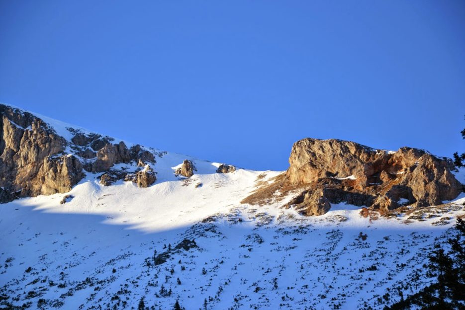 Snow-capped Rax range, Wiener Hausberge, local Viennese mountains in Austria
