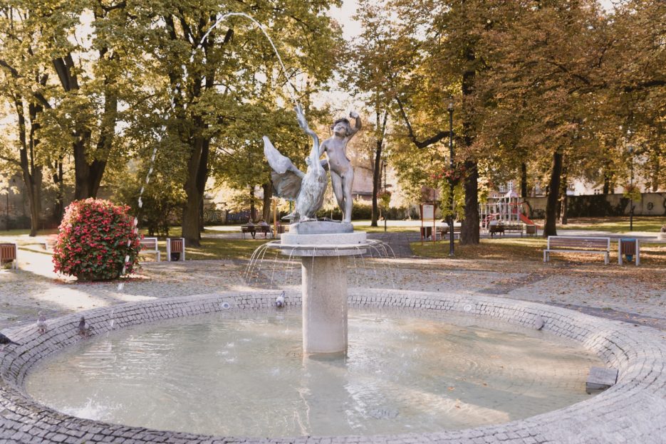 The Boy with Swan (Chłopiec z Łabędziem) fountain, Skwer Dessau, Gliwice, Poland